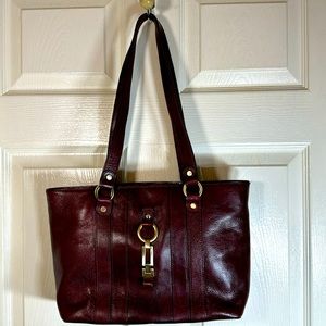 Etienne Aigner Leather Wine Color Satchel Goldtone Hardware Accent Pockets